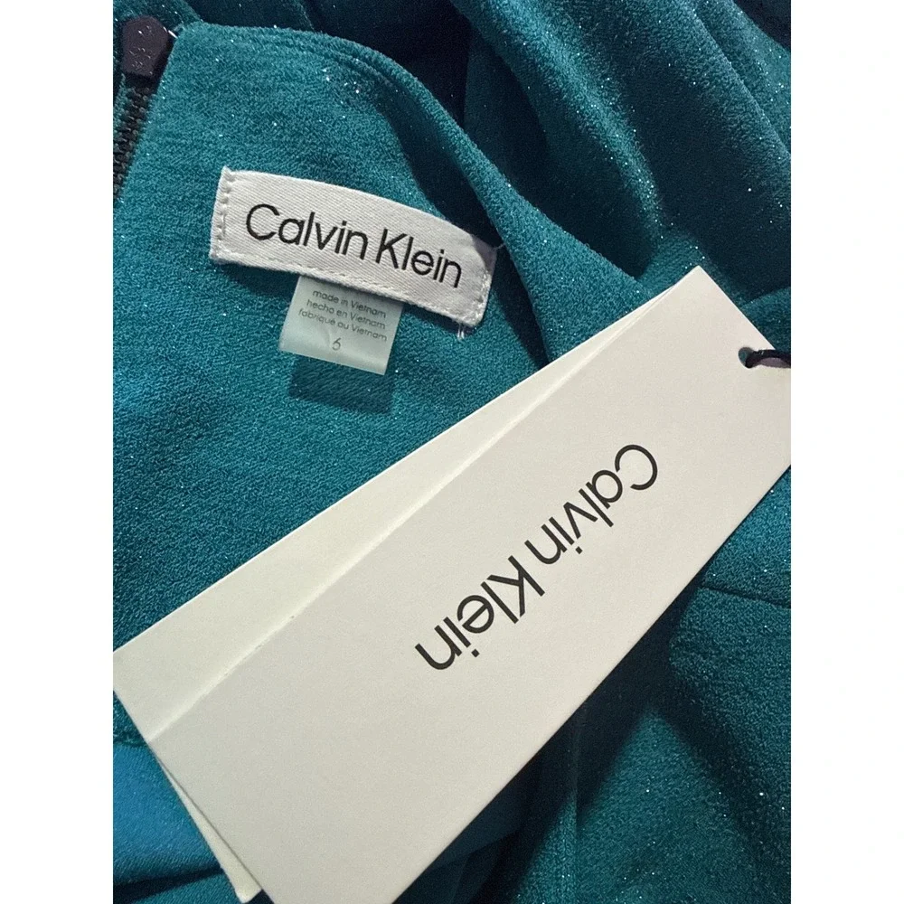Calvin Klein Teal Shimmer Faux Wrap Ruffle‎ Cocktail Dress Size 6